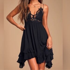 FREE PEOPLE Adella Lace Slip Dress in Black Size S Lace Top Criss Cross straps.